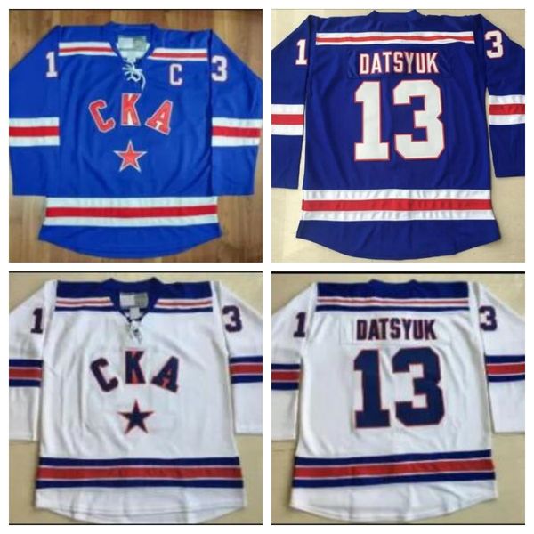 Personalizado 13 Pavel Datsyuk KHL Jersey CKA São Petersburgo 17 Ilya Kovalchuk Homens Bordados Hóquei Jerseys Branco Azul Costurado Qualquer Nome S-5XL