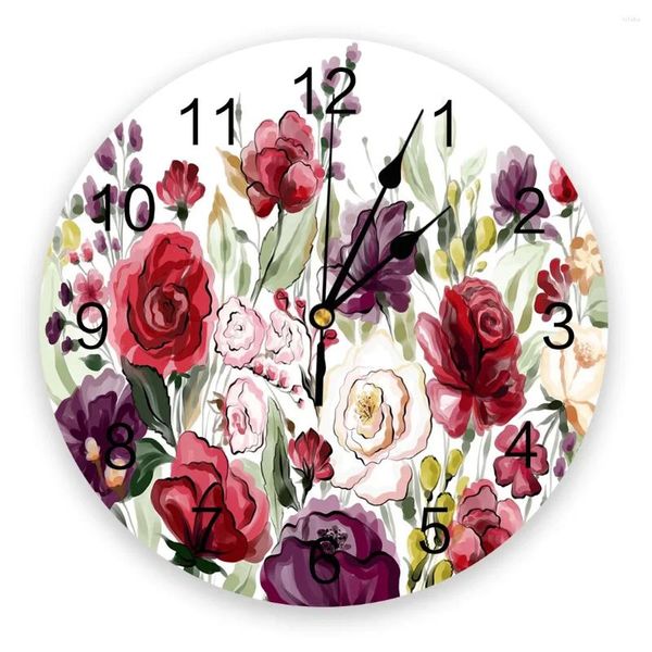 Настенные часы, цветные цветы, листья, растения, часы с акварельным принтом, бесшумные, не тикающие круглые часы для домашнего декора, подарок