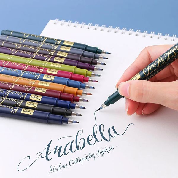 12 Colorset Write Brush Pen Caligrafia Canetas Marcadoras Conjunto Desenho Pintura Aquarela Art Brush Pen 240307