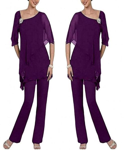 Roxo duas peças mãe da noiva calça ternos em camadas irregulares 12 mangas compridas chiffon mãe plus size vestido de convidado de casamento8055990