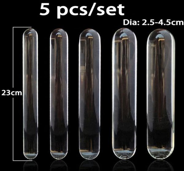 5 pezzi set dildo di vetro trasparente grande spina anale ano dilatatore vaginale masturbatore pene dildo giocattoli del sesso per donna doppio dildo Y20049216473