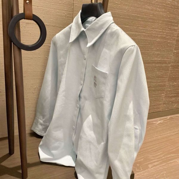 Primavera camisa feminina designer blusa água diamante letras camisas de mangas compridas simples magro polo colarinho camisa jeans