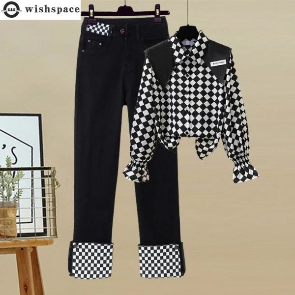 Ternos outono nova gola marinha preto e branco xadrez plissado manga camisa calças casuais duas peças elegantes calças femininas conjunto
