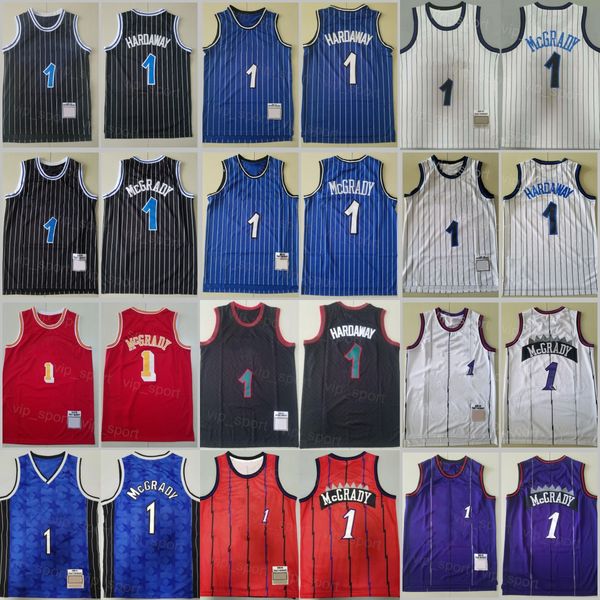 Basketball Throwback Penny Hardaway Jersey Tracy McGrady 1 Team Schwarz Blau Weiß Streifen Atmungsaktive reine Baumwolle Vintage Sport Sale Stickerei und Nähen