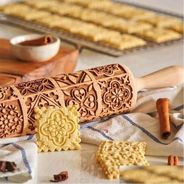 Скалки, кондитерские доски, тисненая деревянная скалка с узором для выпечки, лапши, печенья, помадки, теста для торта, с рисунком дерева 2104 Dhiio