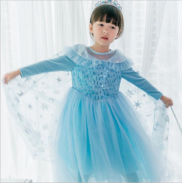 Платье для косплея для девочек, синее платье принцессы с блестками, накидка «Снежинка», одежда для выступлений, детская одежда, 27 лет, E8151530960
