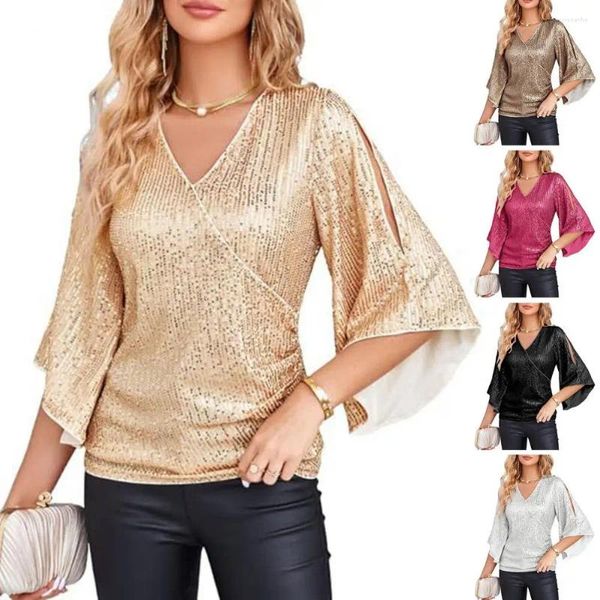 Blusas femininas Mulheres Glitter Camisa Lantejoulas Bell Manga Top Oco Out V Neck Blusa Suave Respirável Lady Commute Prom Três Quartos