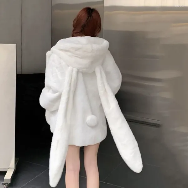 Trench da donna giapponese autunno inverno bianco orecchie kawaii felpe con cappuccio caldo peluche felpa giacca femminile carino parka dolce tuta sportiva