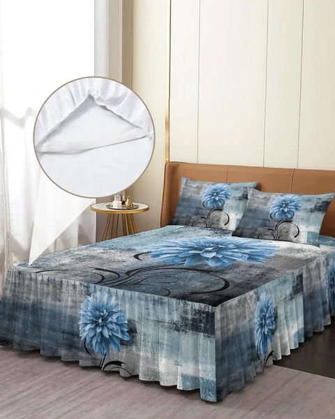 Saia de cama dália pintura a óleo textura abstrata planta flor azul colcha equipada com fronhas capa de colchão conjunto de cama