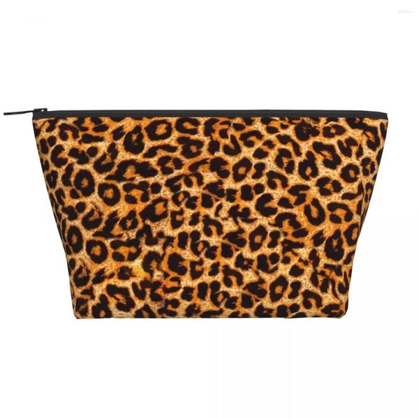 Sacos cosméticos leopardo impressão animal pele trapezoidal portátil maquiagem saco de armazenamento diário caso para viagens jóias de higiene pessoal