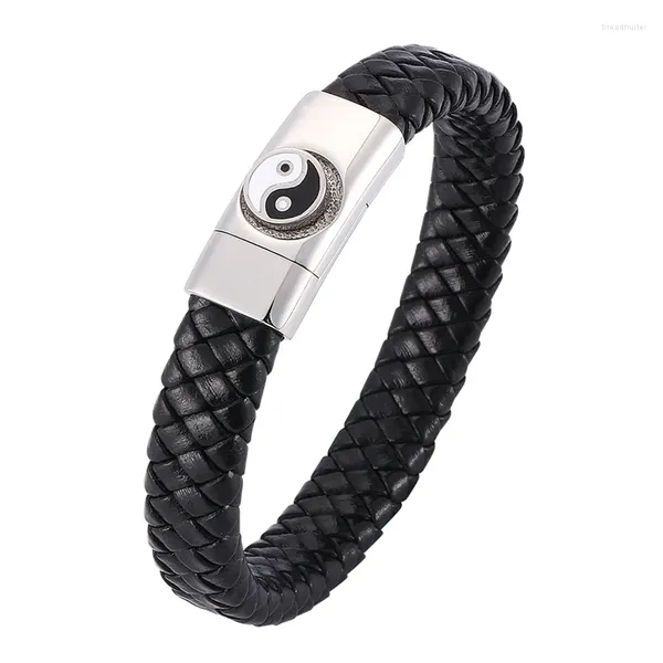 Charme pulseiras moda homens mulheres taoísmo tai chi yin yang fofoca pulseira de couro aço fivela magnética pulseira presentes sp0313