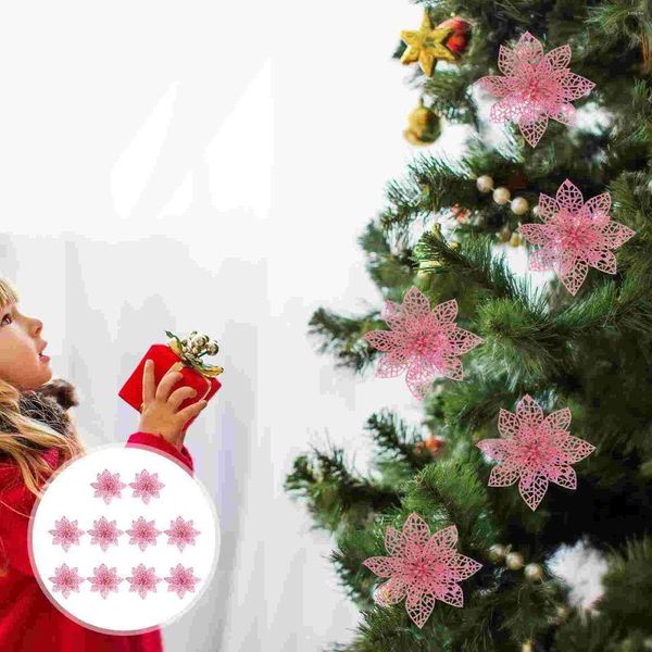 Flores decorativas árvore de natal pendurado pingente oco artificial glitter poinsétias ornamentos de férias decorações