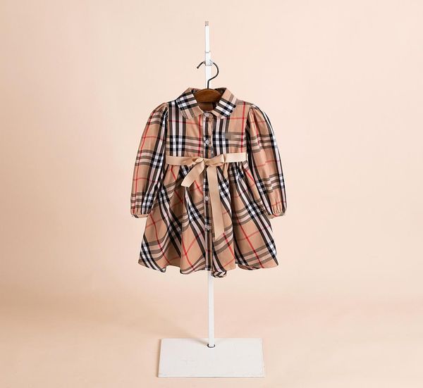 Marka kızlar Ekose elbise bahar tasarımcısı çocuk kıyafetleri kızlar şerit kemer kafesi elbise çocukları yaka tek yanıklı uzun kollu dr3860900