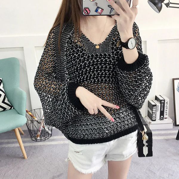 Pullovers 2023 solto solto de malha de malha de madrugada Moda Mulher Mesh Cool Pull Jumper Ladies Tops de grandes dimensões