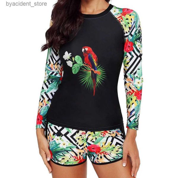 Mulheres Swimwear Plus Size Two Piece Swimsuit Mulheres Imprimir Rash Guard S-3XL Swimwear Manga Longa Surf Terno Shorts Banheiras Pad Beachwear L240308