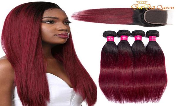 1b99j capelli umani lisci brasiliani con chiusura Ombre fasci di capelli lisci bordeaux con chiusura in pizzo 4x4 Gagaqueen5350859