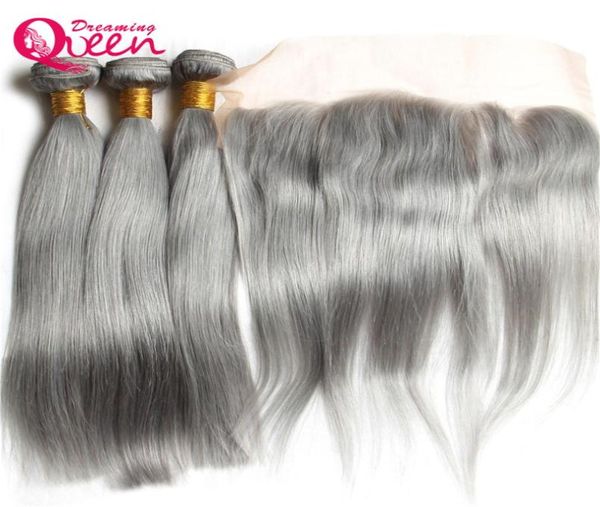 Capelli lisci grigi Ombre Estensione del tessuto dei capelli umani vergini brasiliani 3 pacchi con chiusura frontale in pizzo 13x4 Nodo candeggiato grigio F7231896