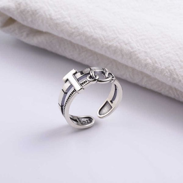Piccolo e popolare anello a T antico in argento tailandese, anello a catena con doppio anello, anello a doppio strato con lettera Hip Hop di Instagram