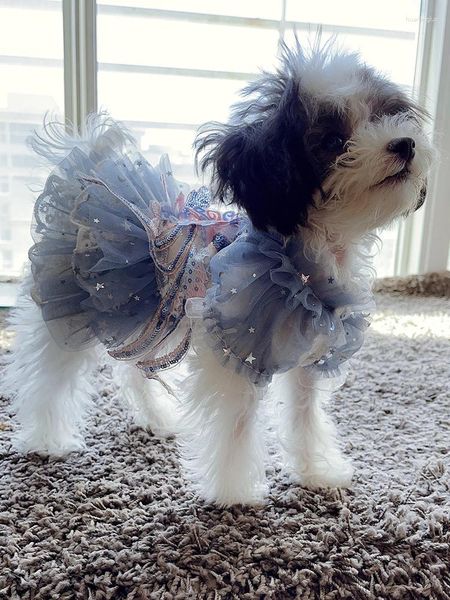 Vestuário para cães Design exclusivo roupas artesanais roupas para animais de estimação vestido azul lantejoulas phoenix sexy transparente colarinho de renda mangas tutu