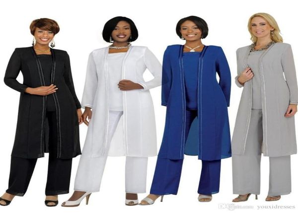 Chiffon Plus Size Hosenanzüge für die Brautmutter mit Jacke 2018 Lange Ärmel Mutter der Braut Bräutigam Hochzeit Party Kleider für die Mutter der Braut 8893352