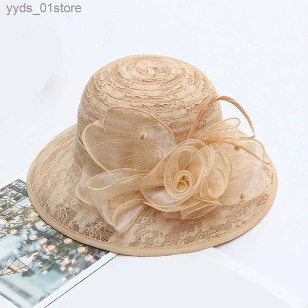 Cappelli a tesa larga Cappelli a secchiello Cappelli estivi da donna Fascinatori Cappello da modisteria da chiesa Donna Eleganti fiori in pizzo Cappelli a secchiello a tesa larga Kentucky Dey Pieghevole Sun C L240308