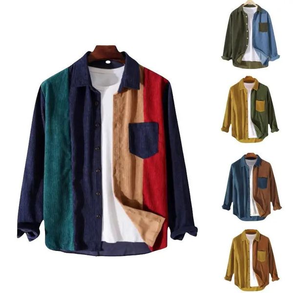 2023 Autunno Cargo Velluto a coste da uomo a maniche lunghe Casual Patchwork Button Camicie da uomo di alta qualità Overshirt Camicette Abbigliamento maschile 240306