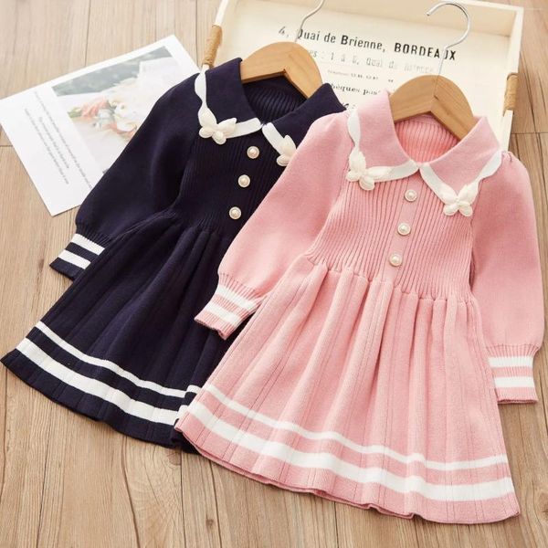 Vestidos de menina coreano outono/inverno de malha vestido bonito listrado borboleta apliques botão pérola suéter quente saia de manga comprida 2-6 anos