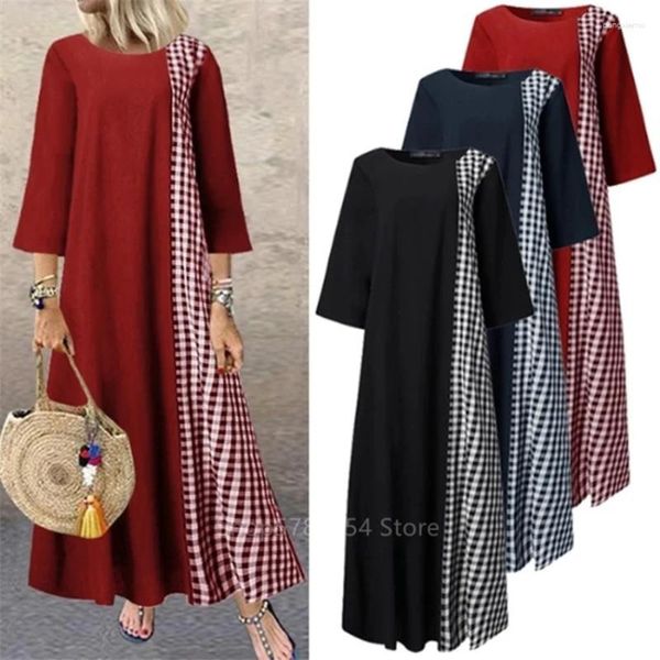 Abbigliamento etnico Donna Abito di moda musulmana Abaya di lino Arabo Caftano turco Plaid Maxi Yukata Kimono tradizionale islamico Abito ampio