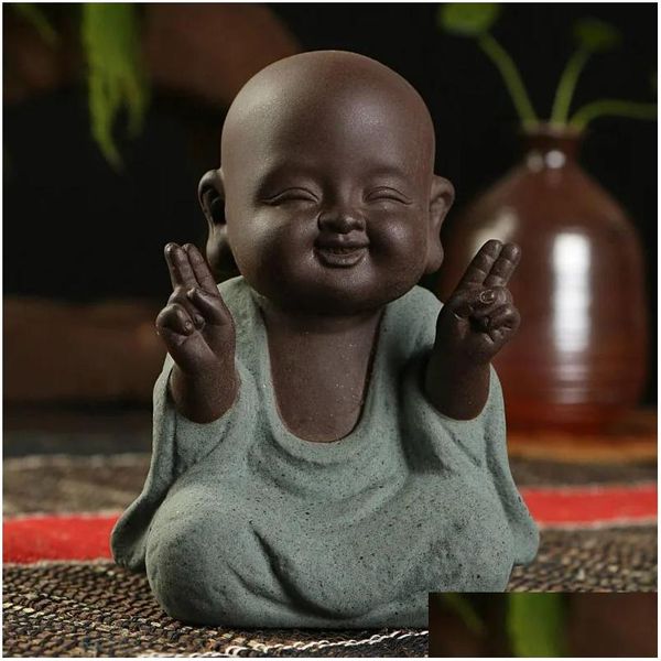 Tee Haustiere Buddha Statuen Kleiner Mönch Farbe Sand Keramik Home Club Geomantische Dekoration Lila Figuren Haustier 231216 Drop Lieferung DHYJ1