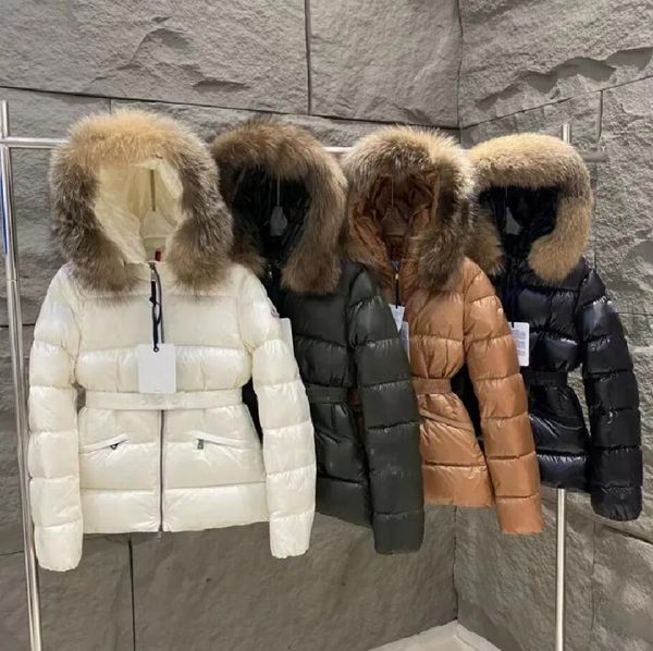 Mulheres designer jaqueta de luxo inverno para baixo jaquetas casacos de pele real gola de pele de guaxinim parkas com cinto senhora penas de pato casaco outerwear grande bolso preto cor branca