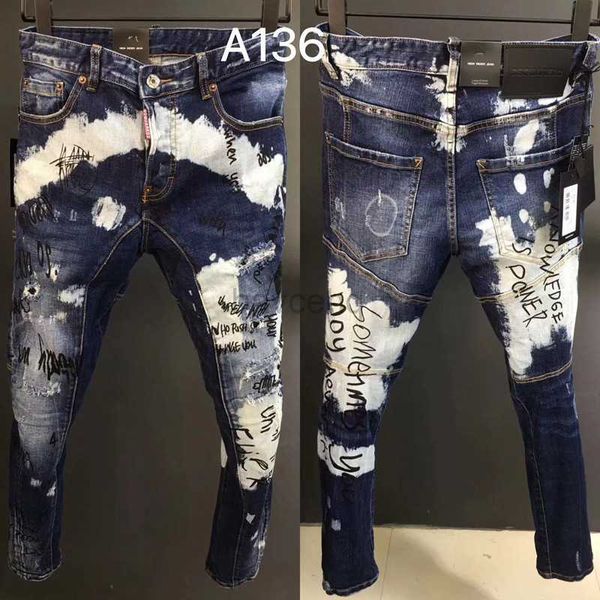 Herrenjeans Herrenjeans Street Style Mode Herren Hohe Qualität Retro Blau Bedruckt Designer Slim Fit Ripped Hip Hop Splashed Denim PantsHerren 240308