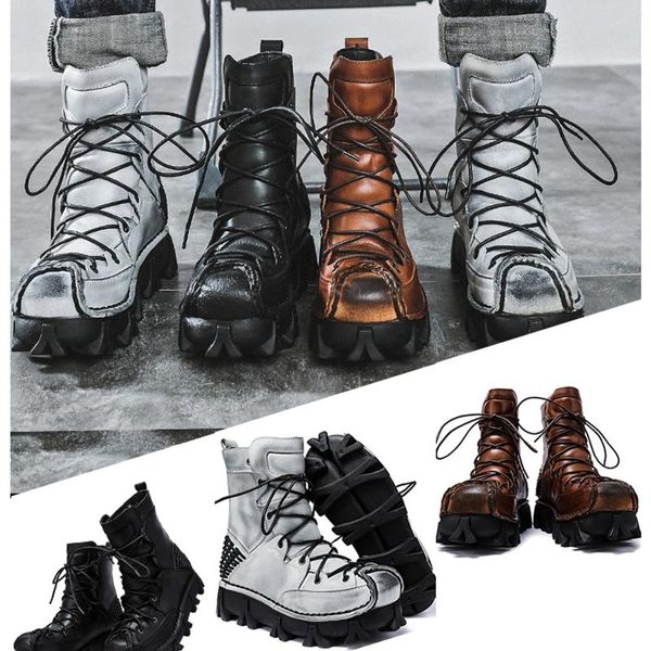 Stiefel 2024 Echtes Leder Motorrad für Männer Militär Gothic Schädel Punk Mid-Kalb Angeln Casual Cowboy