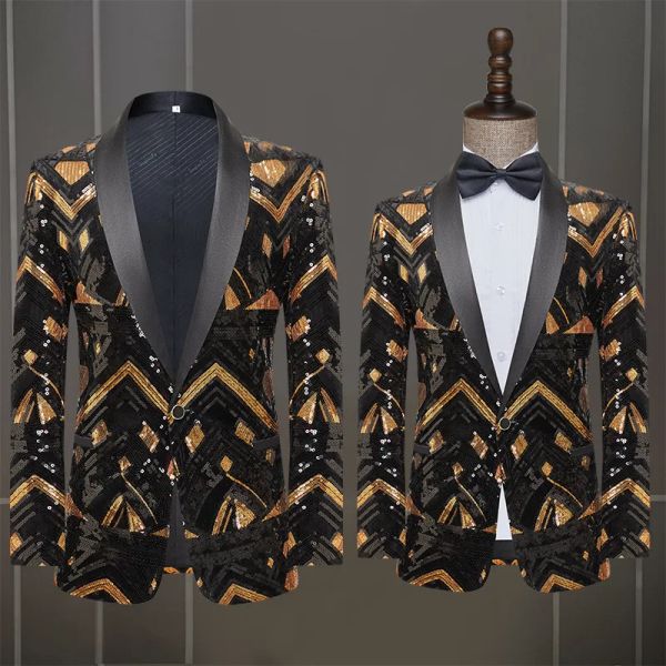 Anzüge New Herrenmantel Schwarz Gold Pailletten Blazer Performance Dress Host Night Club Hochzeit (einzige Jacke)