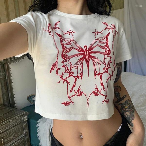 T-shirt da donna T-shirt estiva Stampa a farfalla Crop Top Manica corta O-Collo T-shirt carina casual Dolce stile coreano Streetwear