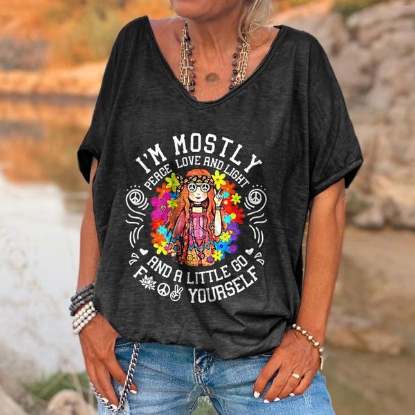 Camisetas femininas Camiseta hippie com estampa leve e amor pela paz