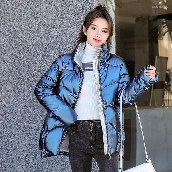 Trench da donna Piumino lucido Manica lunga Colletto alla coreana Plus Size Giacche invernali da donna Tasche casual con cerniera Allentate per la donna