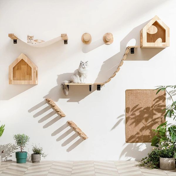 Prateleira de escalada para gatos, escada de quatro degraus montada na parede com sisal, poste para arranhar para gatos, torre de árvore, plataforma de salto, móveis para animais de estimação 240227