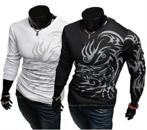 Tatuagem impressão t camisa masculina manga longa nova moda masculina roupas de marca casual fino ajuste oneck algodão camiseta cj1456914680