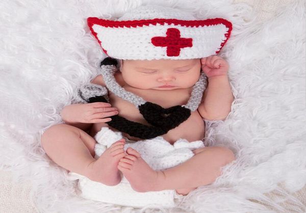 Mais recente bebê meninos médico traje infantil bebê crochê pogal adereços recém-nascidos roupas médico po adereços meninos cosplay roupas 5789108