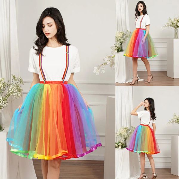 Nuove donne Arcobaleno Tutu Gonna corta 5 strati Morbido tulle Tutu Crinolina Sottogonna Ragazze Costumi Cosplay Gonne Alta fascia elastica CPA3266