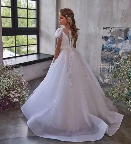 Abito da ragazza di fiori Bianco in raso di pizzo con perline Manica corta Decalcomania sul collo Elegante Matrimonio Bambino Compleanno Eucaristico 240306