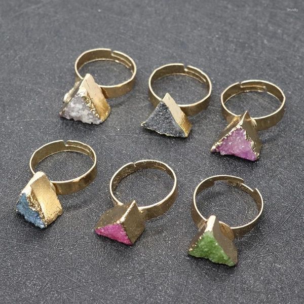 Cluster-Ringe, 1 Stück, dreieckiger Stein, natürlicher Halbedelstein, Kupferdraht, 6 Farben, 8 x 10 mm-10 x 14 mm, verstellbare Größe, Knospenöffnung