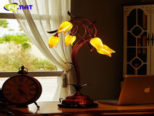 FUMAT Glas-Tischlampe, europäische Blumen-Nachttischlampen, gelber Glasschirm, grüne Blätter, Art-Deco-Wohnzimmer-LED-Tischlampen8009345