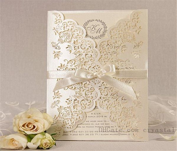 Komplizierte, beige, lasergeschnittene Hochzeitseinladung aus Spitze, handgefertigt, personalisierbar, mit Band und Umschlägen3263411