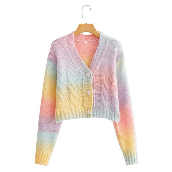 Mulheres puff manga longa camisola cardigan torção cabo de malha com decote em v malhas casaco botão para baixo gradiente arco-íris jaqueta 240228
