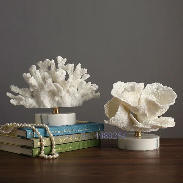 Criatividade resina artificial coral artesanato mobiliário base de mármore branco decoração para casa simulação animal 240306