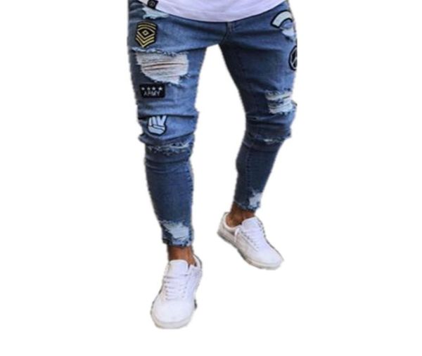 Мужские джинсы с вышивкой и дырками Модные тенденции Тонкие роскошные брюки Demin Дизайнерские мужские повседневные джинсовые брюки с низкой талией Размер S3XL1895309