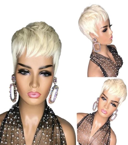 613 Sarışın Pixie Kısa Kesim Bob Wig 100 İnsan Saçları Dantel Yok Front Düz Peruk Kadınlar Partisi Cosplay7266842