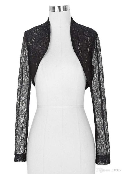Elegante 2016 novo estoque feminino senhoras manga longa recortada preto renda encolher bolero jaquetas de casamento branco nupcial wraps3219769