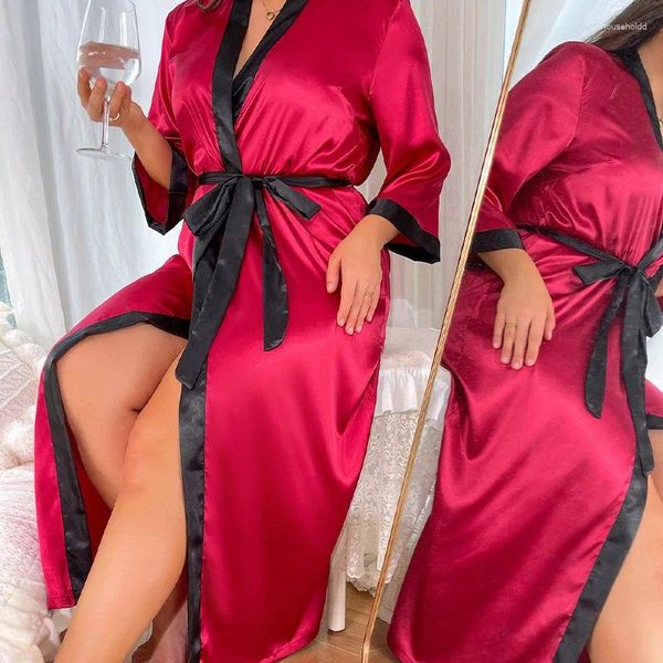 Indumenti da notte da donna Oversize 3Xl 4Xl 5Xl Vestaglia Camicia da notte Stampa sexy Kimono lungo Accappatoio Donne eleganti Vestaglia per la casa in seta di ghiaccio